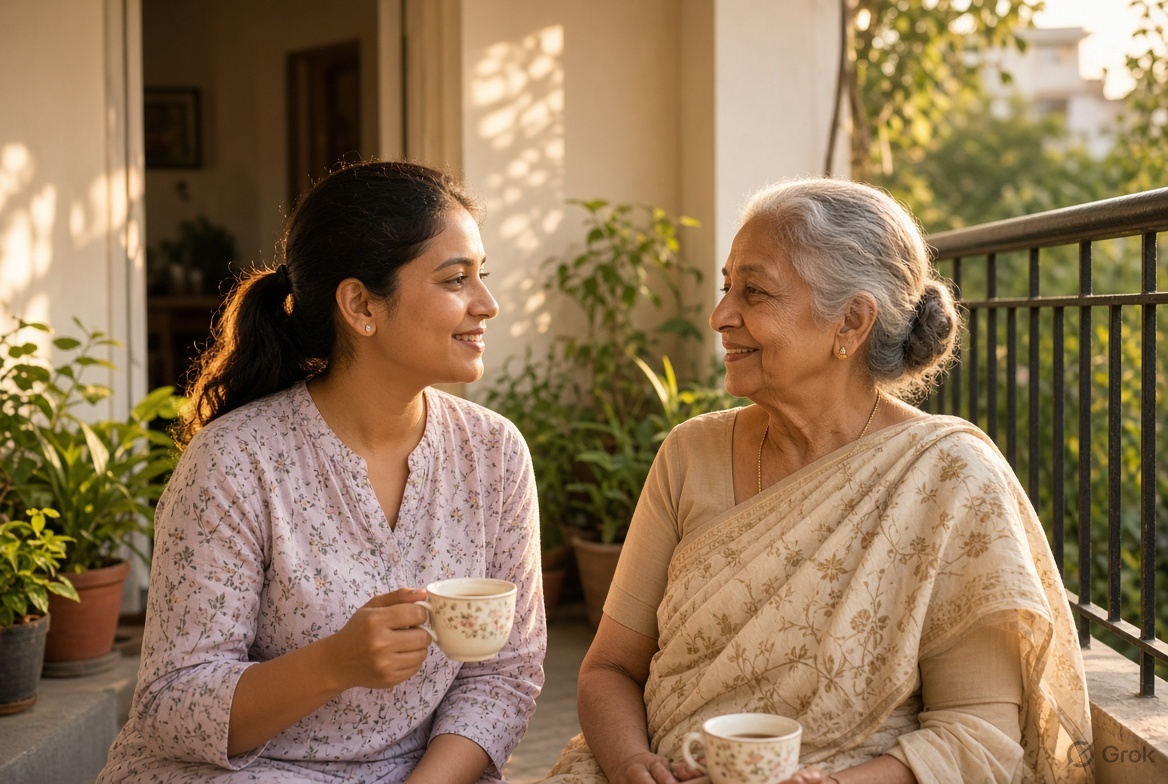 A caregiver and a senior sharing tea together on a balcony in warm morning light
